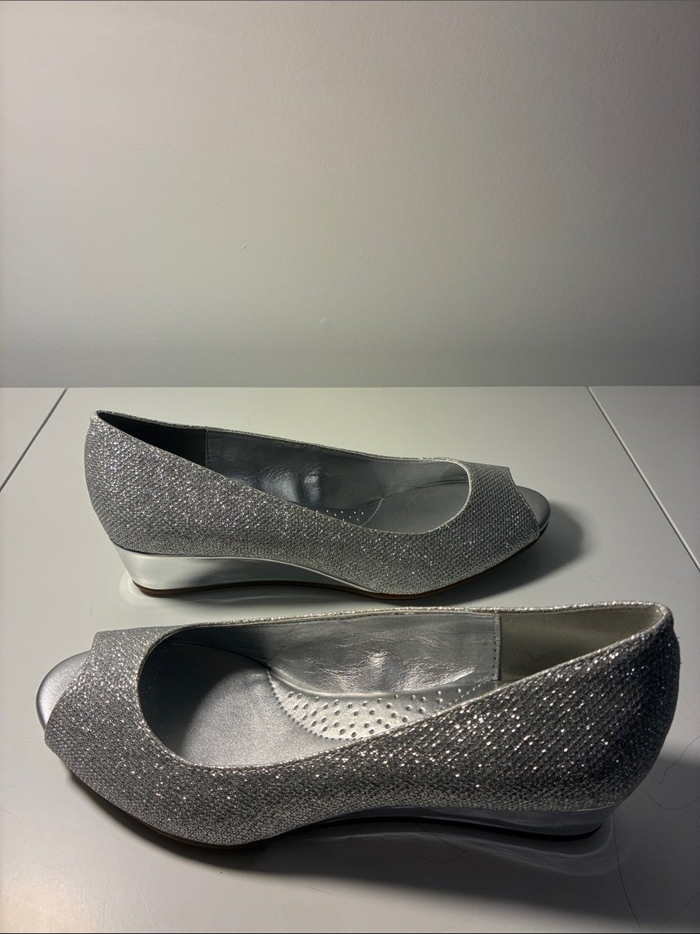 Nine West Silver Glitter Peep-Toe Wedge Heels